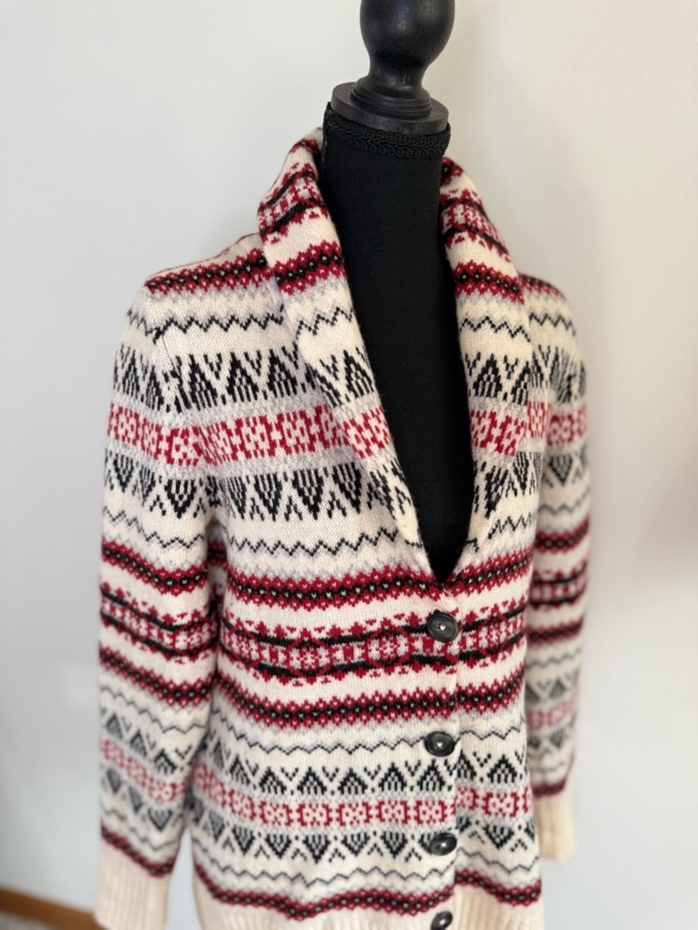 Vintage Fair Isle Cardigan Medium Red Cream Nordic Knit Button Sweater - Picture 3 of 11